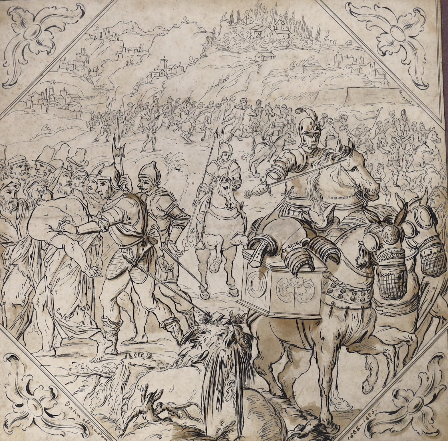 Follower of Jan van der Straet (Stradanus, 1536-1605), pair of Old Master ink and washes on paper, Battle scenes, each signed in ink, mounted, 36 x 36cm, unframed